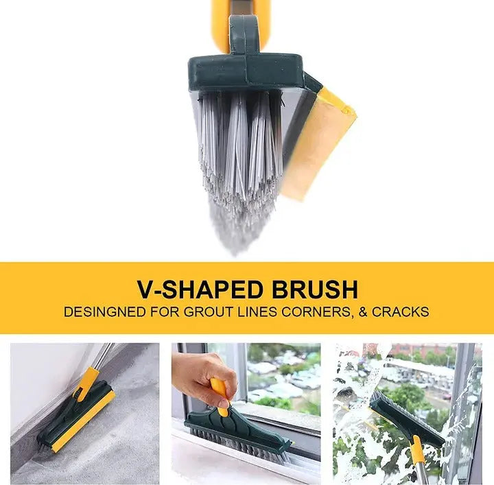 Versatile 2-in-1 floor cleaning brush featuring a durable ergonomic handle, designed for easy corner and edge cleaning. The brush head is made of 4