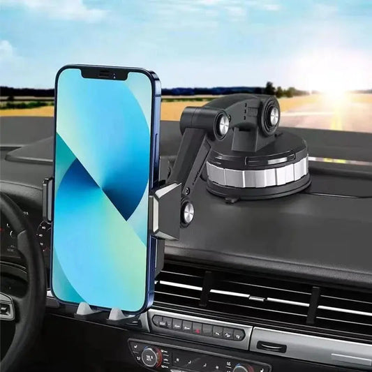 Black car phone holder featuring a strong suction cup for secure attachment, flexible 360° rotation for optimal viewing angles, and durable materials for long-lasting use 1