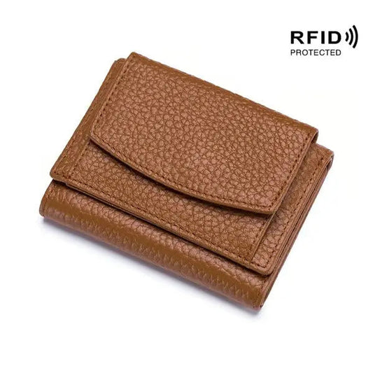 Elegant compact full grain leather wallet in rich brown, featuring RFID blocking technology, multiple card slots, and a sleek design, perfect for everyday use. 1