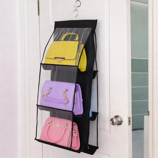 Double-sided handbag organizer in elegant black and beige fabric. Features multiple compartments for efficient storage, sturdy construction for durability, and a sleek design to keep bags 0