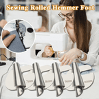 Sewing foot set designed for perfect hems on various fabrics, featuring multiple interchangeable feet for versatility. Made from durable metal with a polished finish, ideal 0