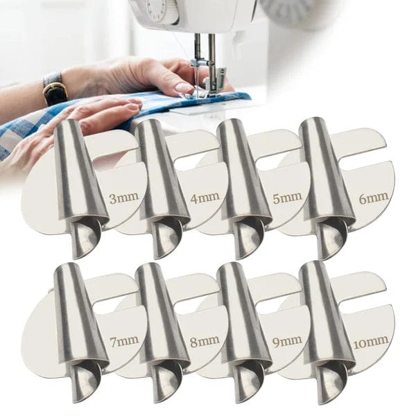 Sewing foot set designed for perfect hems on various fabrics, featuring multiple interchangeable feet for versatility. Made from durable metal with a polished finish, ideal 1