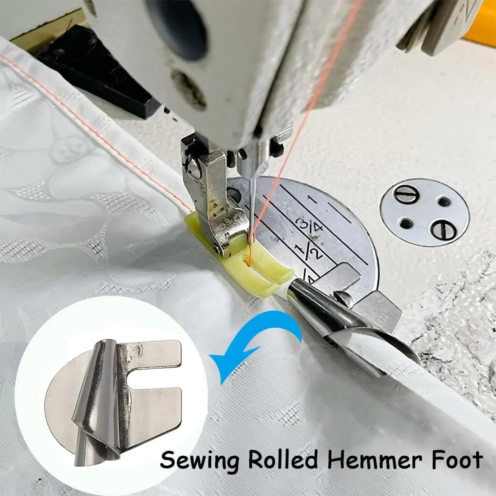 Sewing foot set designed for perfect hems on various fabrics, featuring multiple interchangeable feet for versatility. Made from durable metal with a polished finish, ideal 8